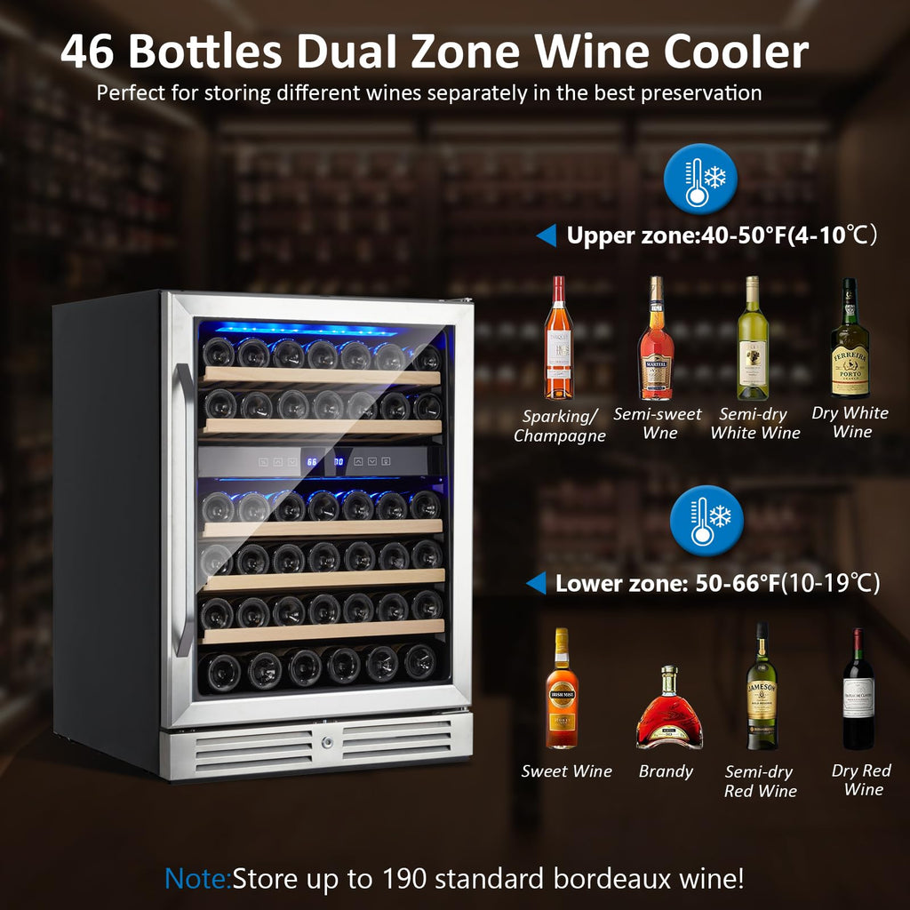 Garvee Upgraded 24 Inch Wine Cooler Refrigerator, 46 Bottle Dual Zone Wine Fridge, Freestanding Wine Cooler with Stainless Steel for Kitchen Bar